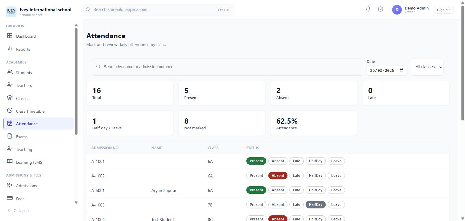 School Konnect attendance screen — real product screenshot